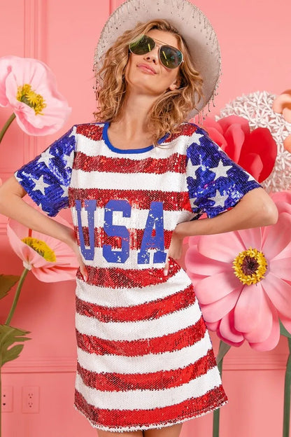 BiBi American Flag Theme Usa Print Sequin Dress - Bitsy Gypsy Boutique