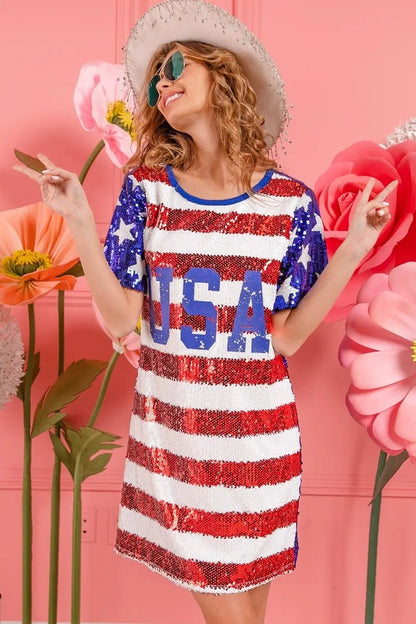 BiBi American Flag Theme Usa Print Sequin Dress - Bitsy Gypsy Boutique