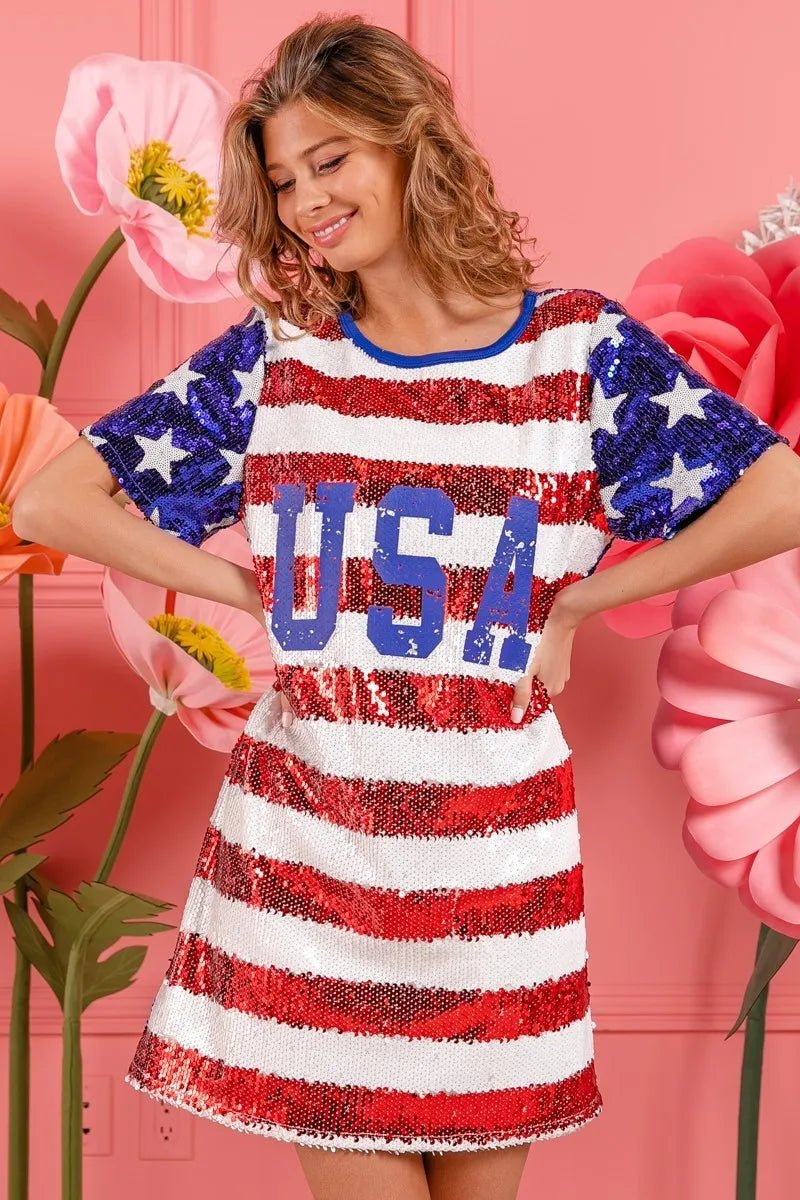 BiBi American Flag Theme Usa Print Sequin Dress - Bitsy Gypsy Boutique