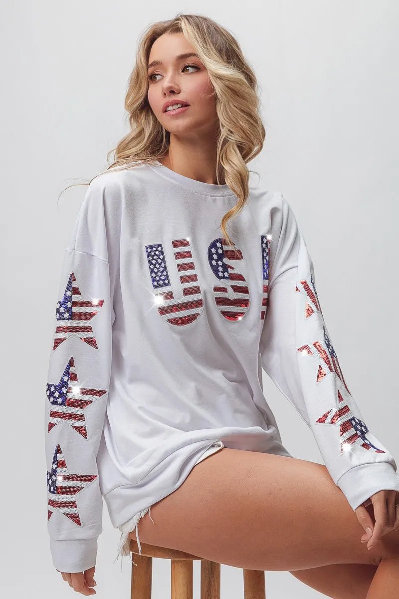 BiBi American Flag USA and Star Sequin Sweatshirt - Bitsy Gypsy Boutique