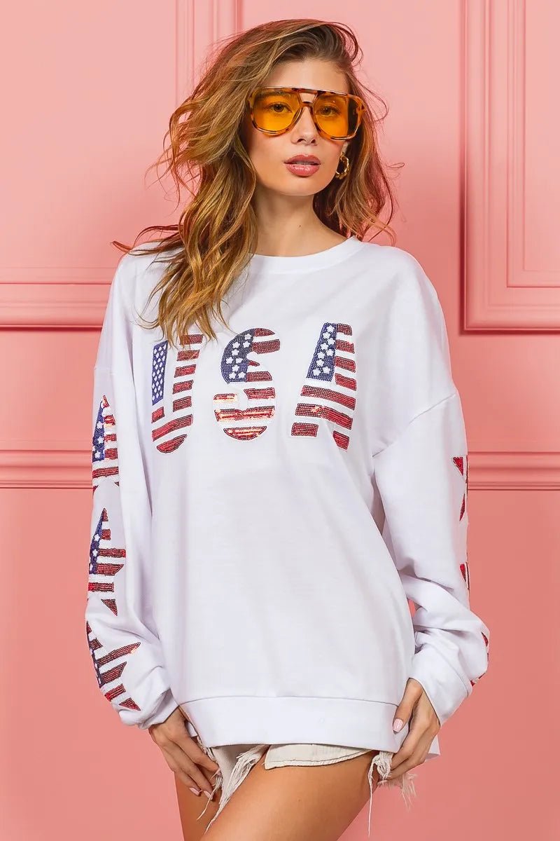 BiBi American Flag USA and Star Sequin Sweatshirt - Bitsy Gypsy Boutique