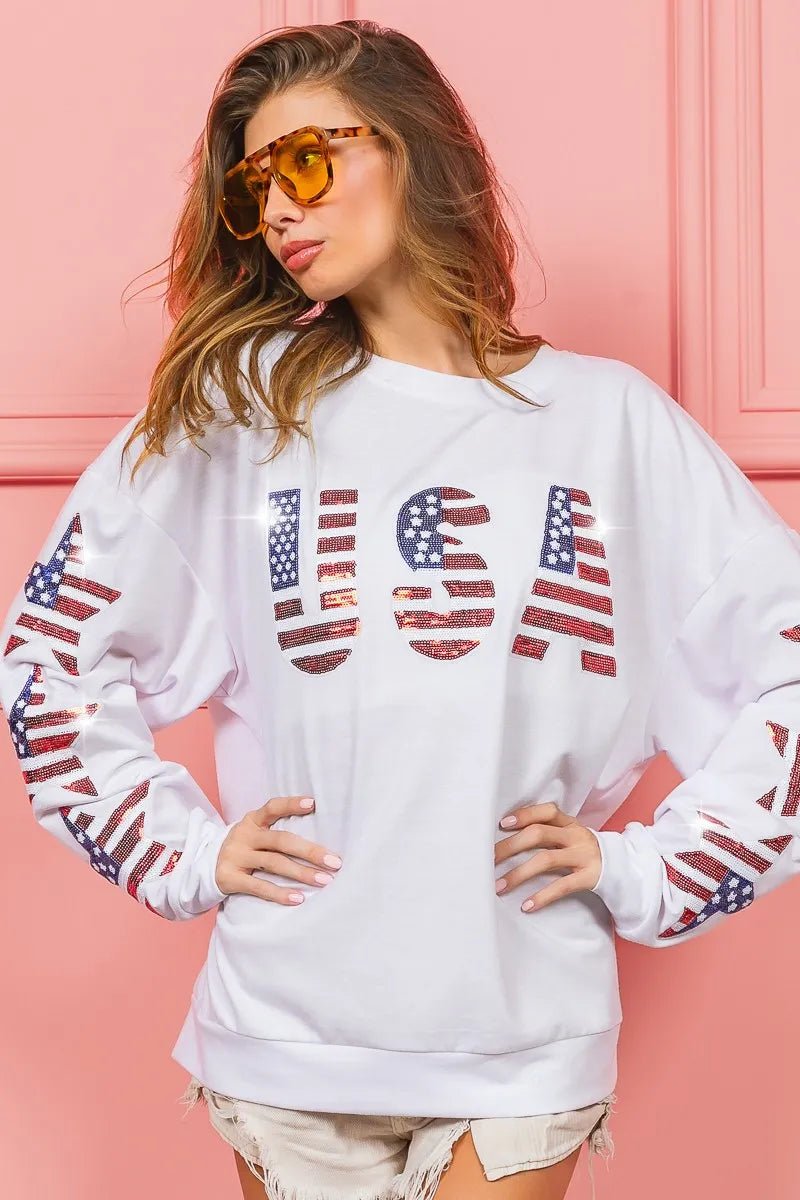 BiBi American Flag USA and Star Sequin Sweatshirt - Bitsy Gypsy Boutique
