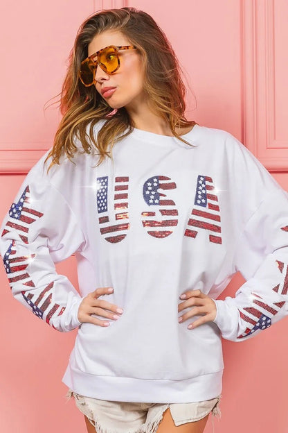 BiBi American Flag USA and Star Sequin Sweatshirt - Bitsy Gypsy Boutique