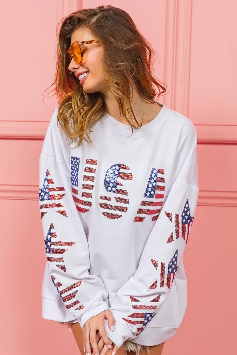 BiBi American Flag USA and Star Sequin Sweatshirt - Bitsy Gypsy Boutique