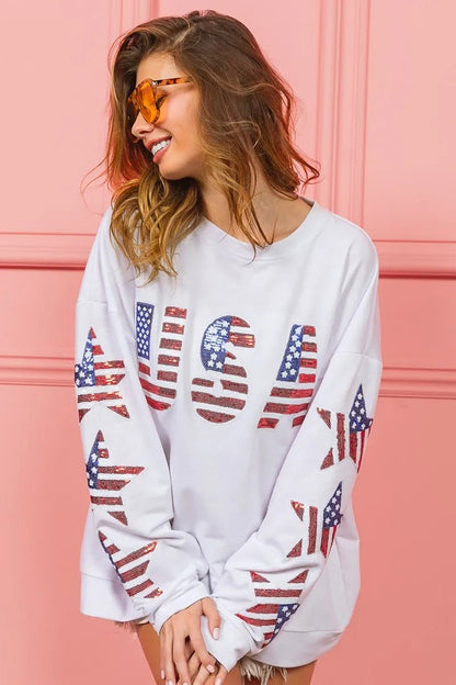 BiBi American Flag USA and Star Sequin Sweatshirt - Bitsy Gypsy Boutique