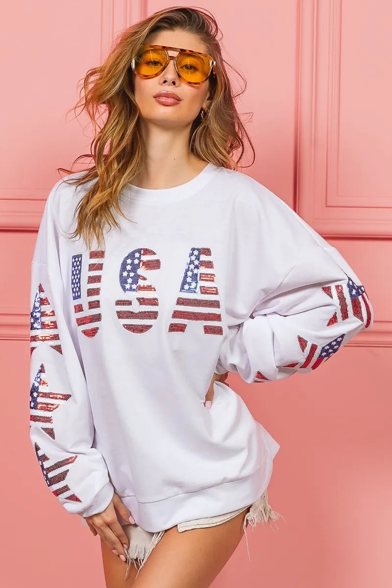 BiBi American Flag USA and Star Sequin Sweatshirt - Bitsy Gypsy Boutique
