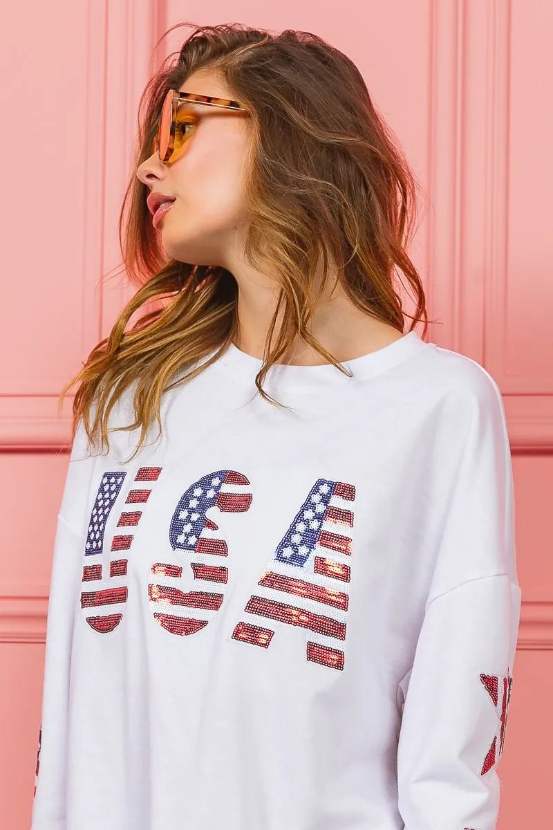 BiBi American Flag USA and Star Sequin Sweatshirt - Bitsy Gypsy Boutique