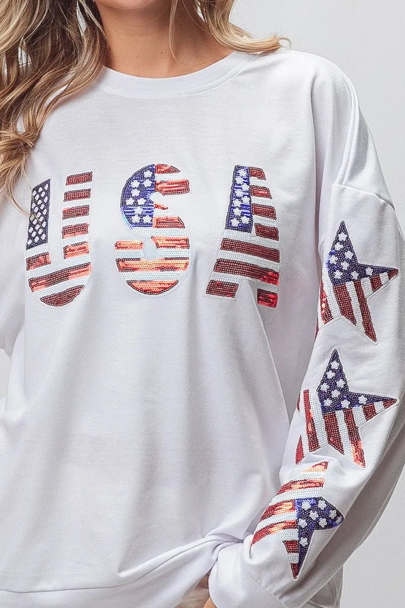 BiBi American Flag USA and Star Sequin Sweatshirt - Bitsy Gypsy Boutique