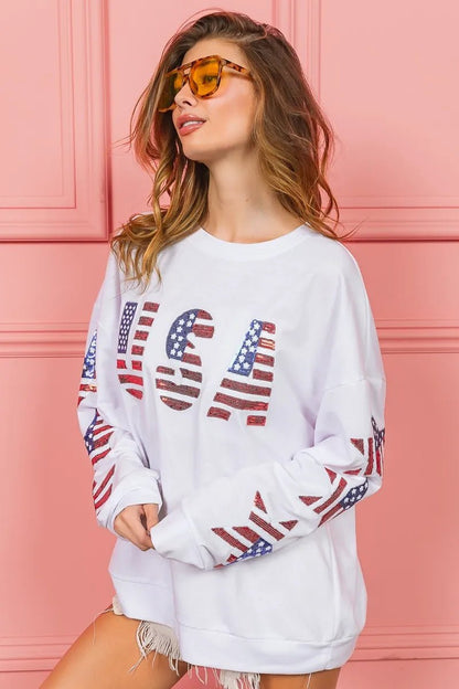 BiBi American Flag USA and Star Sequin Sweatshirt - Bitsy Gypsy Boutique