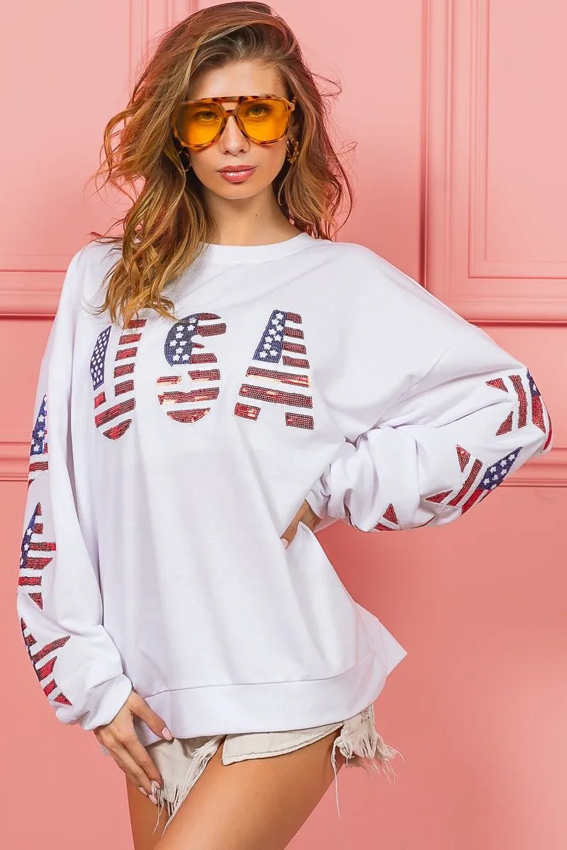 BiBi American Flag USA and Star Sequin Sweatshirt - Bitsy Gypsy Boutique