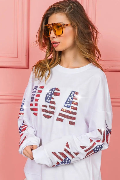 BiBi American Flag USA and Star Sequin Sweatshirt - Bitsy Gypsy Boutique