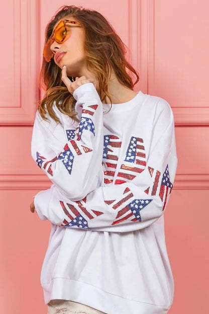 BiBi American Flag USA and Star Sequin Sweatshirt - Bitsy Gypsy Boutique