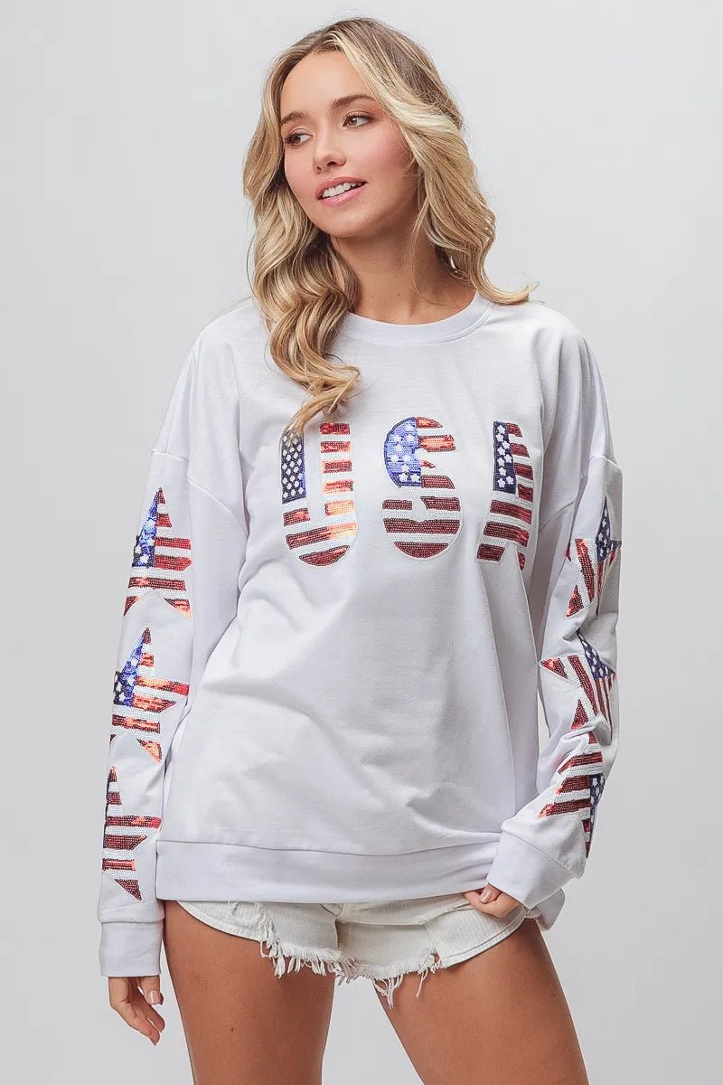 BiBi American Flag USA and Star Sequin Sweatshirt - Bitsy Gypsy Boutique