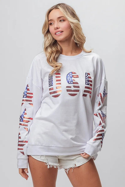 BiBi American Flag USA and Star Sequin Sweatshirt - Bitsy Gypsy Boutique