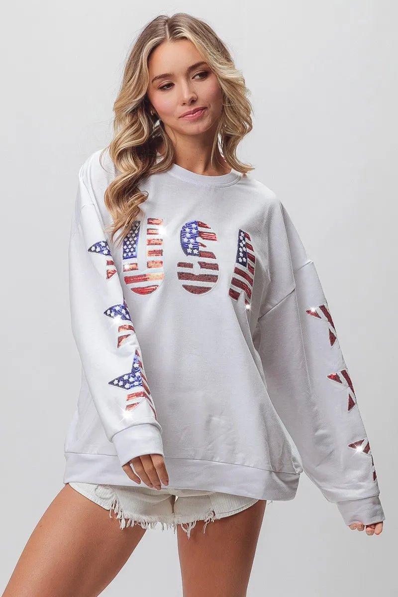 BiBi American Flag USA and Star Sequin Sweatshirt - Bitsy Gypsy Boutique
