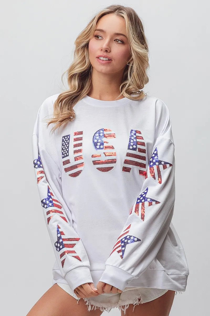 BiBi American Flag USA and Star Sequin Sweatshirt - Bitsy Gypsy Boutique
