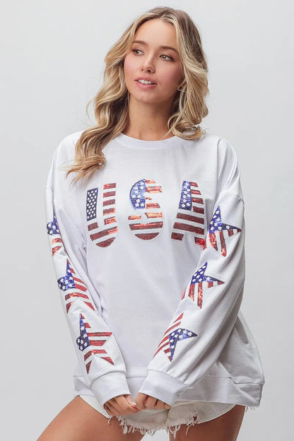 BiBi American Flag USA and Star Sequin Sweatshirt - Bitsy Gypsy Boutique