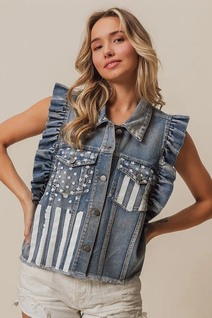 BiBi American Flag Washed Denim Jacket - Bitsy Gypsy Boutique