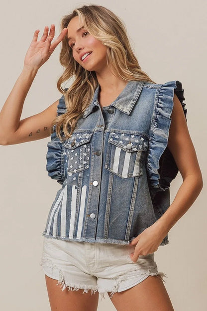 BiBi American Flag Washed Denim Jacket - Bitsy Gypsy Boutique