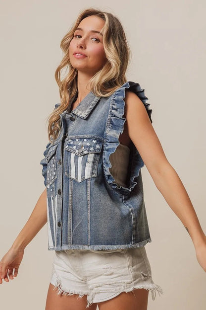 BiBi American Flag Washed Denim Jacket - Bitsy Gypsy Boutique