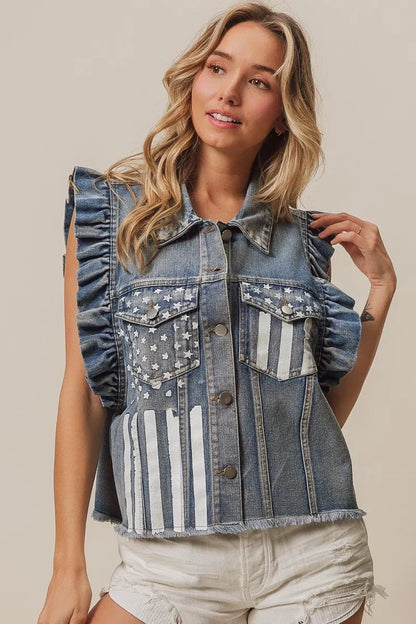 BiBi American Flag Washed Denim Jacket - Bitsy Gypsy Boutique