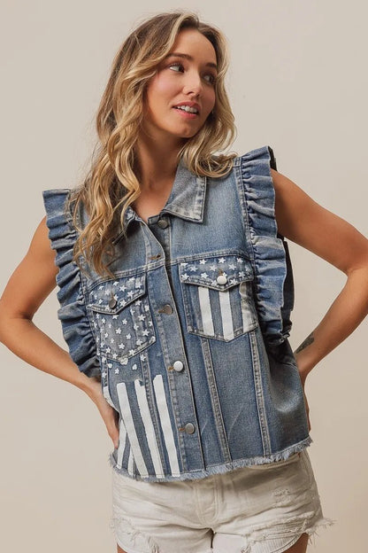 BiBi American Flag Washed Denim Jacket - Bitsy Gypsy Boutique