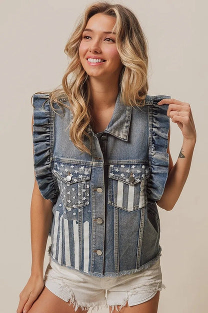 BiBi American Flag Washed Denim Jacket - Bitsy Gypsy Boutique