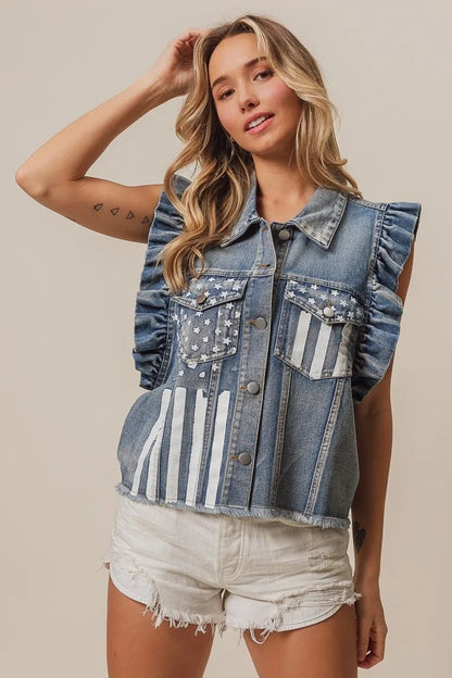 BiBi American Flag Washed Denim Jacket - Bitsy Gypsy Boutique