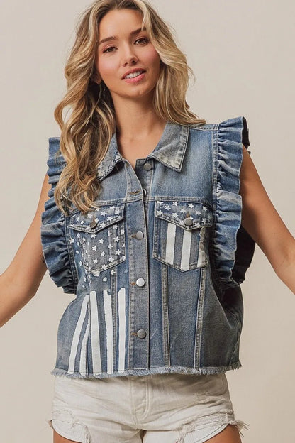 BiBi American Flag Washed Denim Jacket - Bitsy Gypsy Boutique