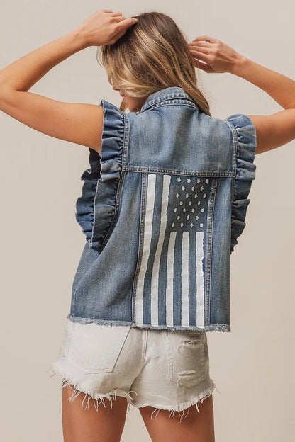 BiBi American Flag Washed Denim Jacket - Bitsy Gypsy Boutique