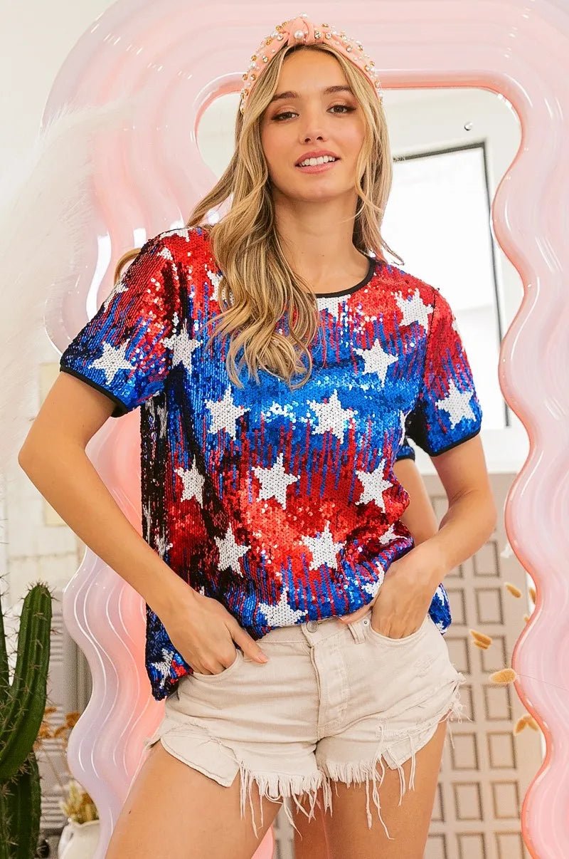 BiBi American Theme Star Pattern Sequin Top - Bitsy Gypsy Boutique