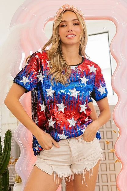 BiBi American Theme Star Pattern Sequin Top - Bitsy Gypsy Boutique