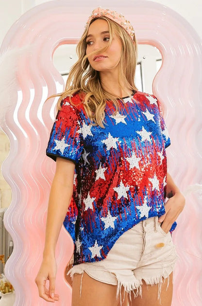 BiBi American Theme Star Pattern Sequin Top - Bitsy Gypsy Boutique