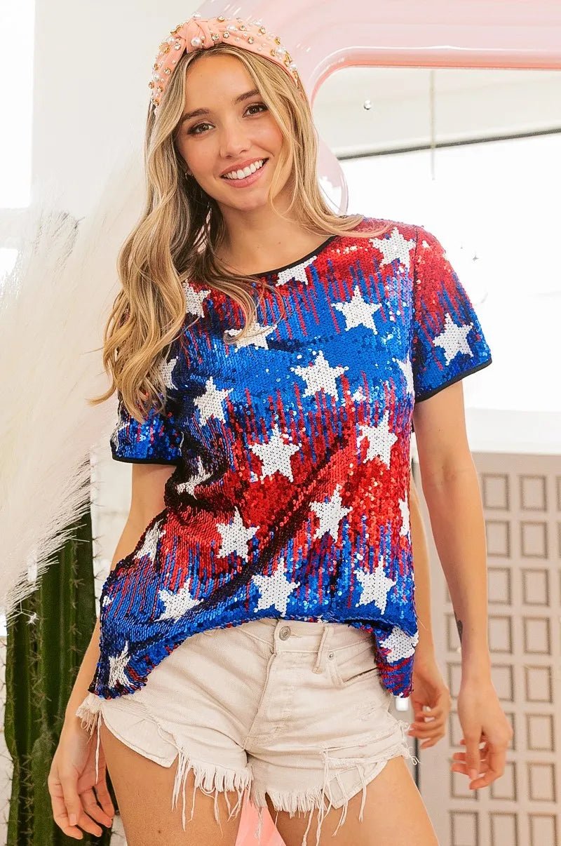 BiBi American Theme Star Pattern Sequin Top - Bitsy Gypsy Boutique