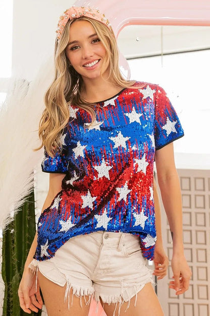BiBi American Theme Star Pattern Sequin Top - Bitsy Gypsy Boutique