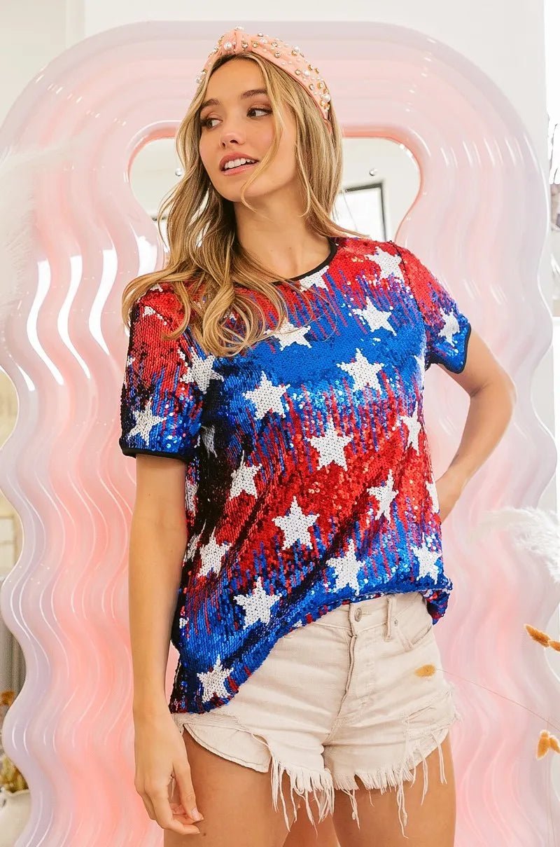 BiBi American Theme Star Pattern Sequin Top - Bitsy Gypsy Boutique