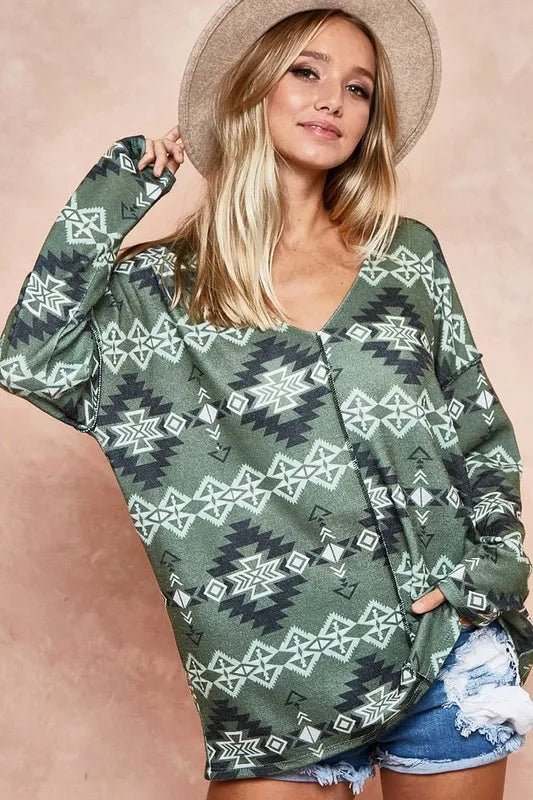 BiBi Aztec Print Brushed Out Stitching Detailed Top - Bitsy Gypsy Boutique