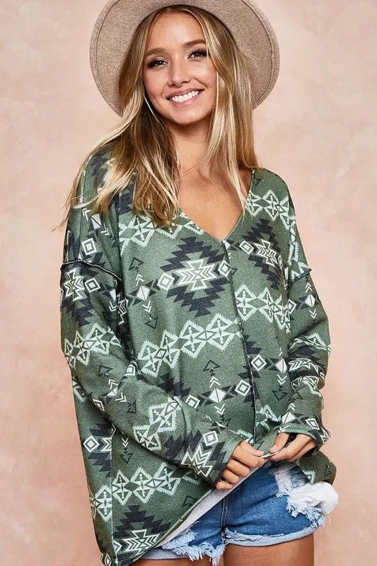 BiBi Aztec Print Brushed Out Stitching Detailed Top - Bitsy Gypsy Boutique