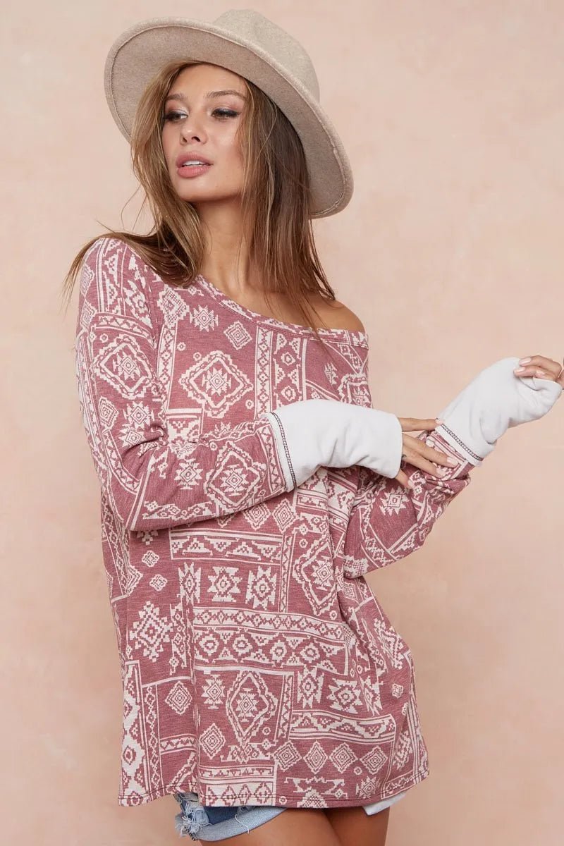 BiBi Aztec Print French Terry Top with Thumb Opening - Bitsy Gypsy Boutique