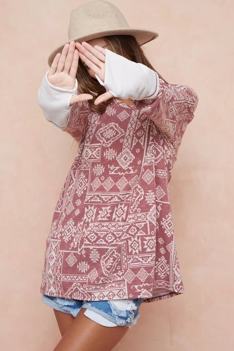 BiBi Aztec Print French Terry Top with Thumb Opening - Bitsy Gypsy Boutique