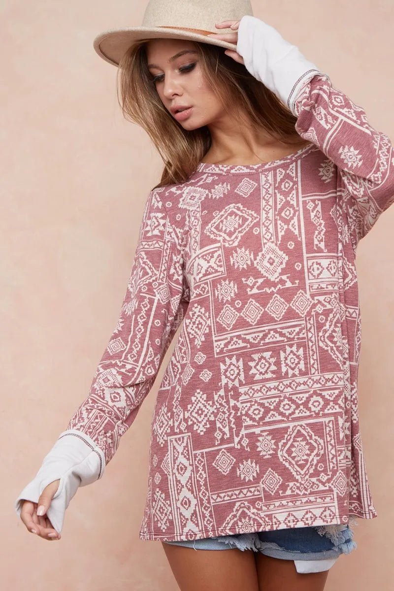 BiBi Aztec Print French Terry Top with Thumb Opening - Bitsy Gypsy Boutique