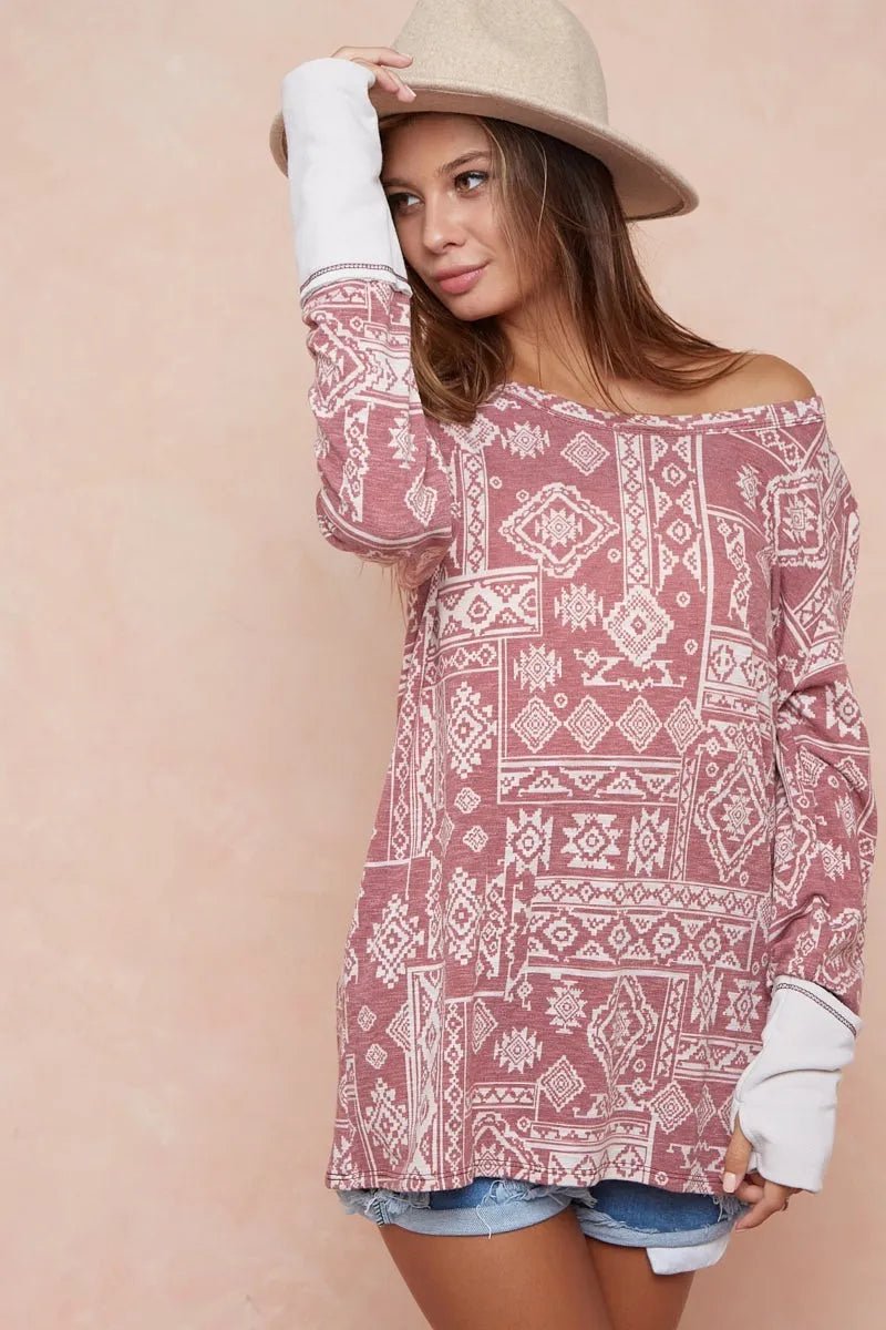 BiBi Aztec Print French Terry Top with Thumb Opening - Bitsy Gypsy Boutique