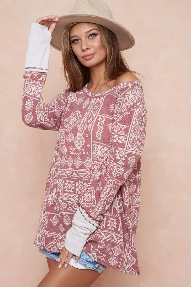 BiBi Aztec Print French Terry Top with Thumb Opening - Bitsy Gypsy Boutique