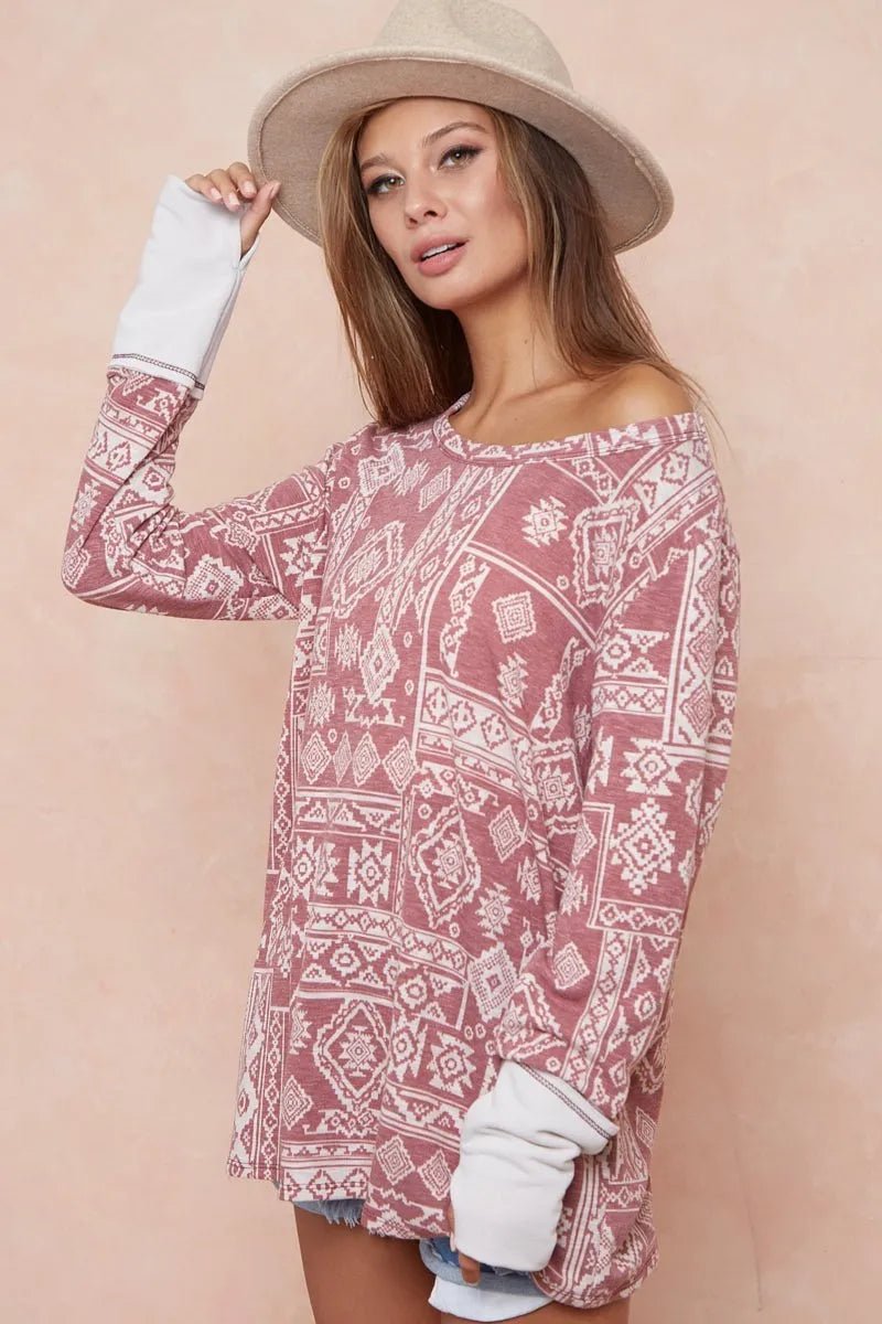 BiBi Aztec Print French Terry Top with Thumb Opening - Bitsy Gypsy Boutique