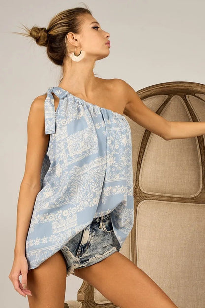 BiBi Aztec Printed Woven Tied Ribbon One Shoulder Top - Bitsy Gypsy Boutique