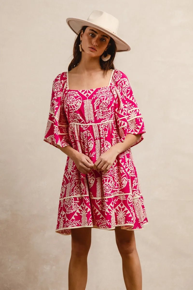 BiBi Aztec Woven Printed Contrast Binding Dress - Bitsy Gypsy Boutique