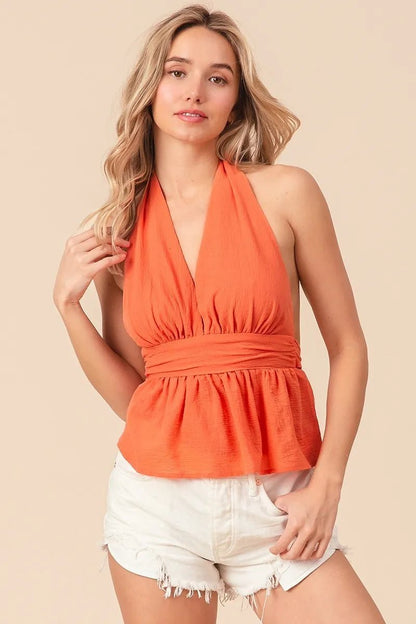 BiBi Back Open With Halter Neck Wrinkled Tank Top - Bitsy Gypsy Boutique