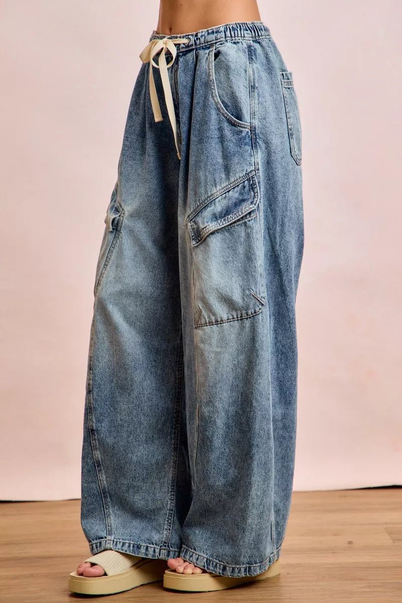 BiBi Baggy Barrel Jeans With Cargo Pockets - Bitsy Gypsy Boutique