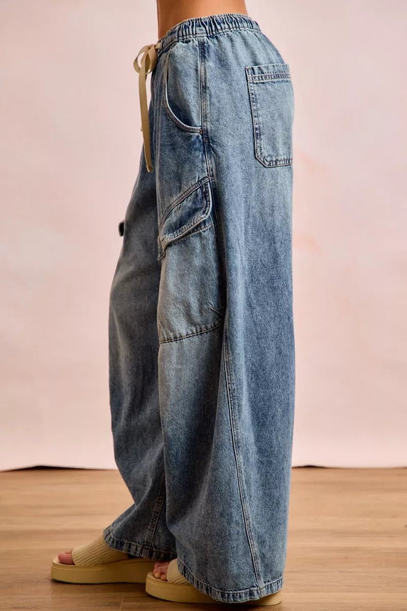 BiBi Baggy Barrel Jeans With Cargo Pockets - Bitsy Gypsy Boutique