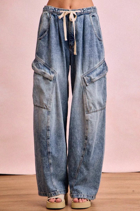 BiBi Baggy Barrel Jeans With Cargo Pockets - Bitsy Gypsy Boutique